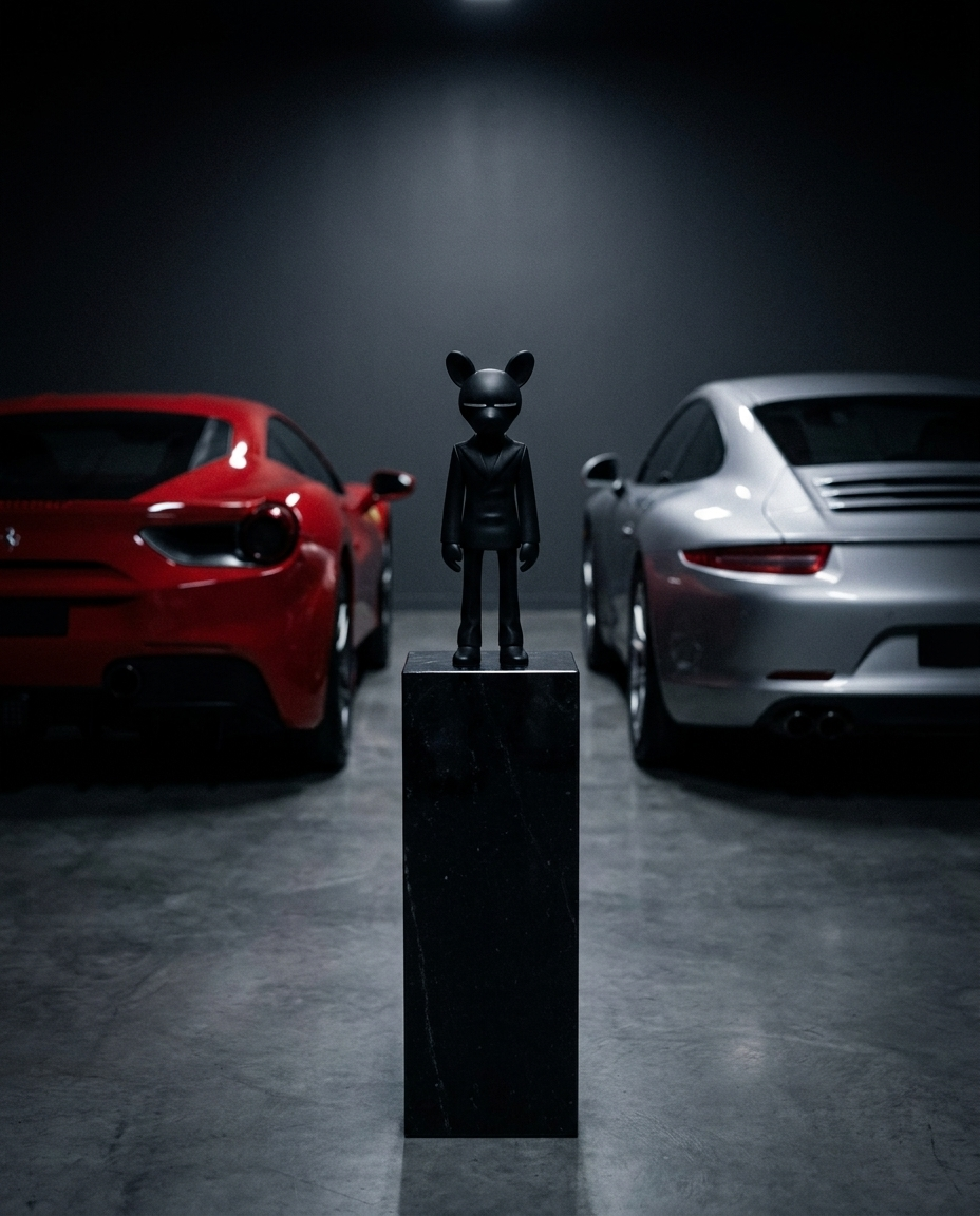 Limitierte Art Toy Skulptur von AKCNSTUDIOS auf Marmorsockel zwischen Ferrari und Porsche – Luxus Designer Toy