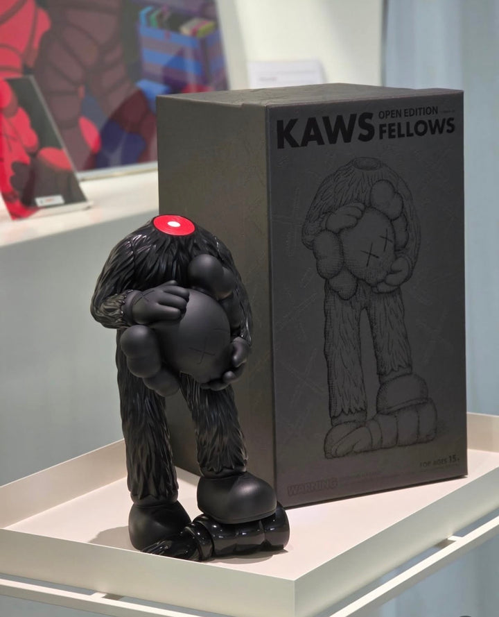KAWS FELLOWS Vinyl-Figur in Schwarz neben der Verpackung – Art Toy Drop 2026 | Aufnahme AKCNSTUDIOS