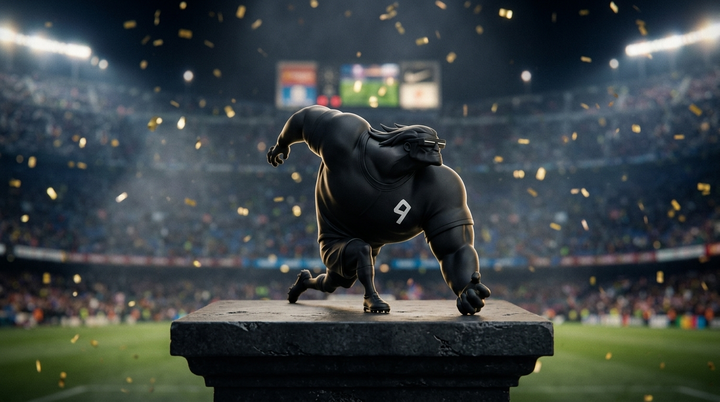 THE NINE NOIR — limitierte Resin-Skulptur eines Stürmers im Stadion bei Nacht mit goldenem Konfetti, Designer Collectible von AKCNSTUDIOS, made in Germany
